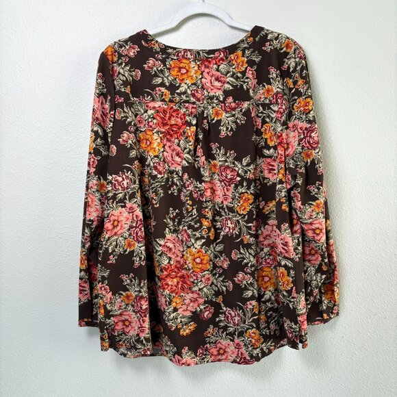 Denim & Co Button Front Top Size 1X Brown Multi Floral Print Long Sleeve A282231 - Picture 3 of 10